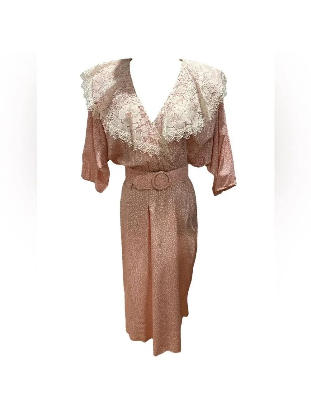 80s DQ FASHIONS LTD PINK & CREAM DITZY PRINT W MIDI DRESS WIDE LACE COLLAR SZ 8